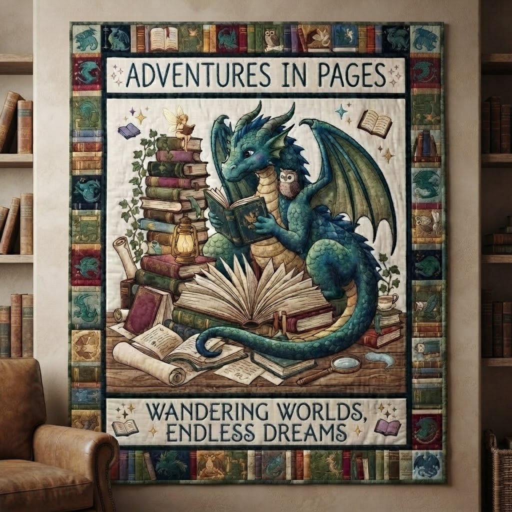 Adventures In Pages Quilt, Dragon Reading Blanket, Wandering Worlds Endless Dreams Bedspread, Fantasy Book Lover Throw Decor, Bookish Gift
