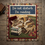 Do Not Disturb Im Reading Quilt, Cat Reading Book Blanket, Cozy Reading Nook Bedspread, Book Lover Throw Decor, Cat Lover Gift