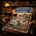 Do Not Disturb Im Reading Quilt, Cat Reading Book Blanket, Cozy Reading Nook Bedspread, Book Lover Throw Decor, Cat Lover Gift