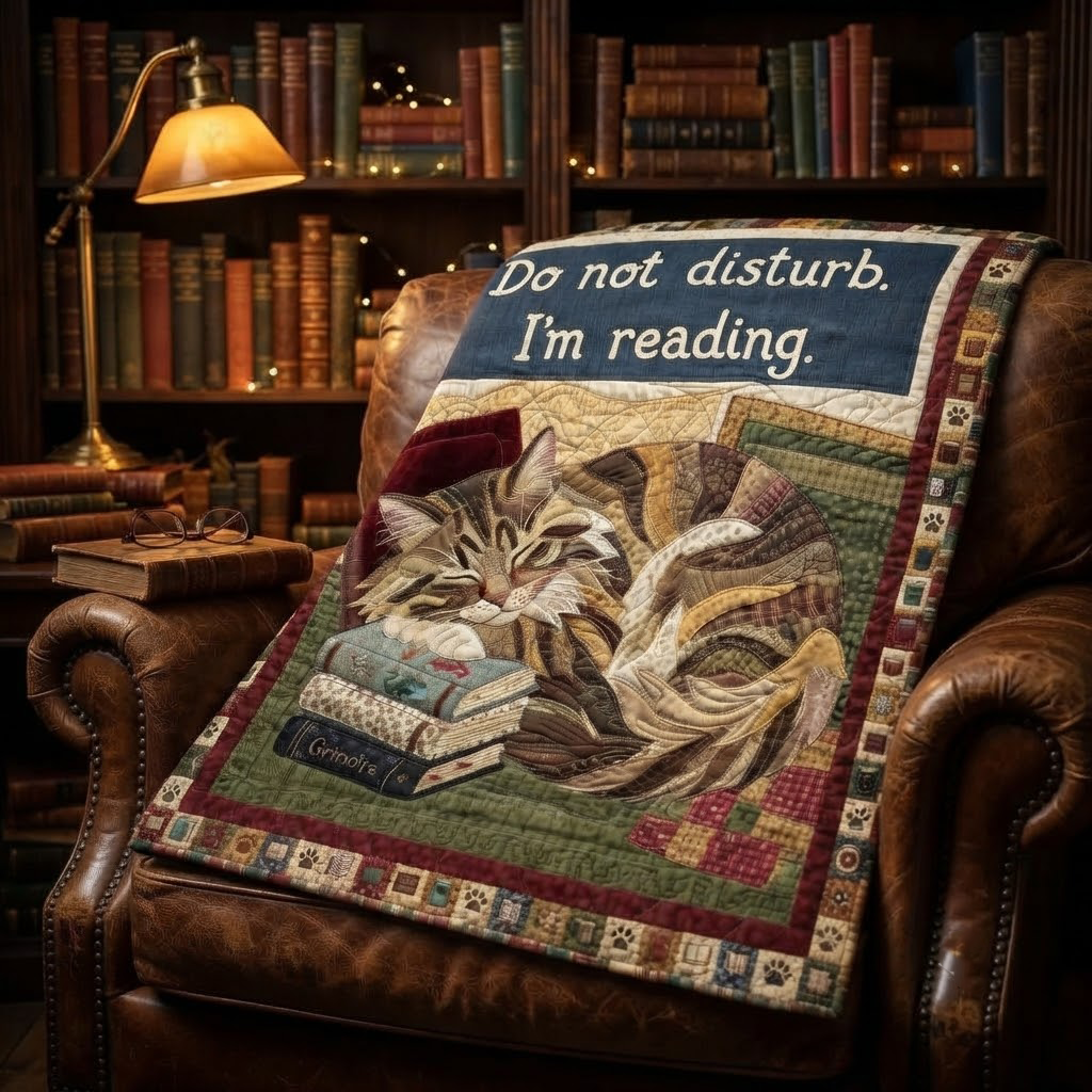 Do Not Disturb Im Reading Quilt, Cat Reading Book Blanket, Cozy Reading Nook Bedspread, Book Lover Throw Decor, Cat Lover Gift