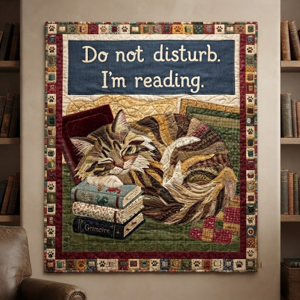 Do Not Disturb Im Reading Quilt, Cat Reading Book Blanket, Cozy Reading Nook Bedspread, Book Lover Throw Decor, Cat Lover Gift