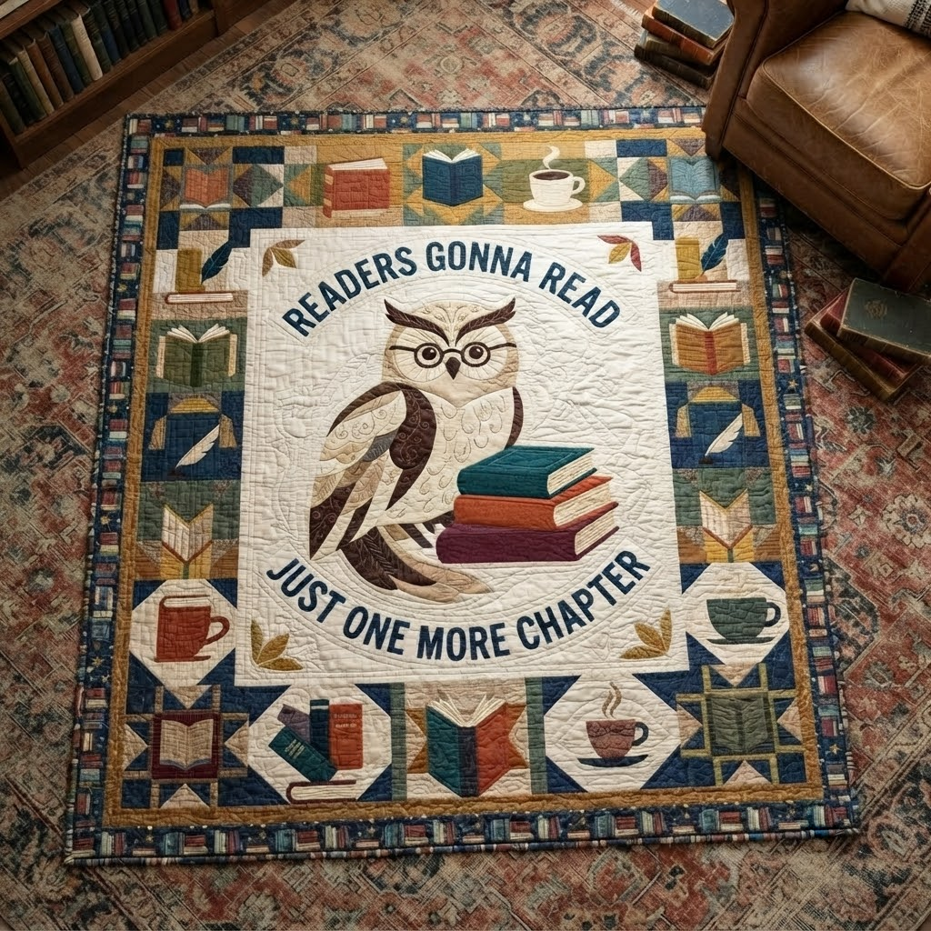 Readers Gonna Read Quilt, Just One More Chapter Blanket, Wise Owl Reading Bedspread, Book Lover Throw Decor, Bookworm Gift