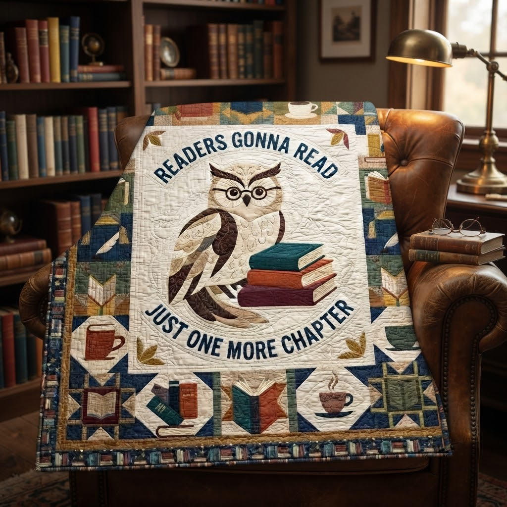 Readers Gonna Read Quilt, Just One More Chapter Blanket, Wise Owl Reading Bedspread, Book Lover Throw Decor, Bookworm Gift