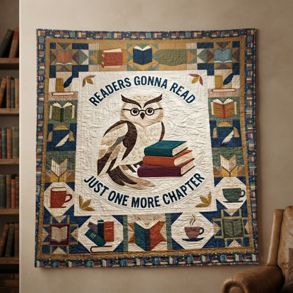 Readers Gonna Read Quilt, Just One More Chapter Blanket, Wise Owl Reading Bedspread, Book Lover Throw Decor, Bookworm Gift