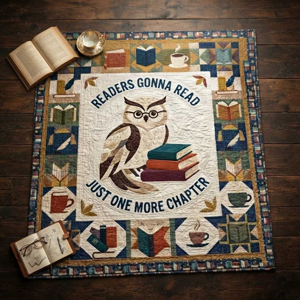 Readers Gonna Read Quilt, Just One More Chapter Blanket, Wise Owl Reading Bedspread, Book Lover Throw Decor, Bookworm Gift