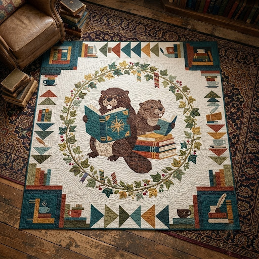 Reading Beavers Quilt, Cute Animal Book Blanket, Woodland Reader Bedspread, Cozy Library Throw Decor, Book Lover Gift