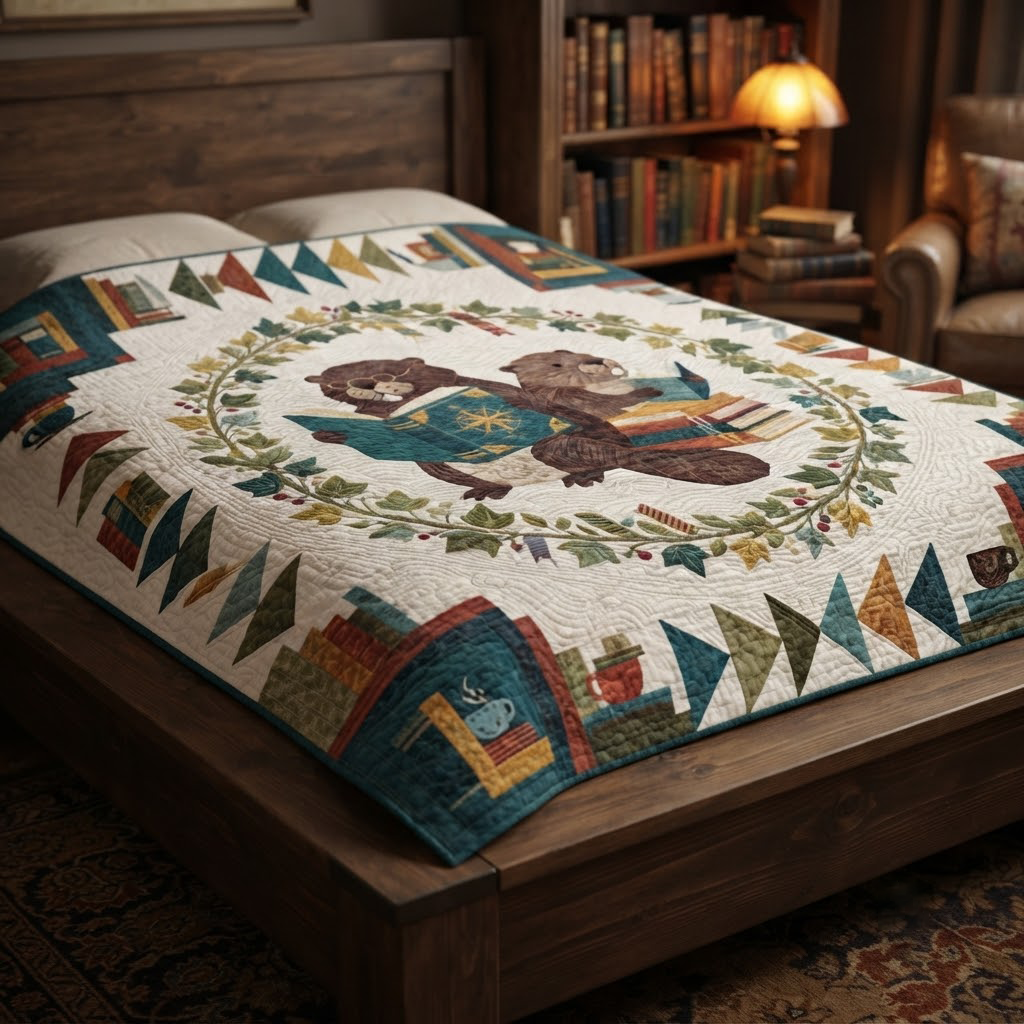 Reading Beavers Quilt, Cute Animal Book Blanket, Woodland Reader Bedspread, Cozy Library Throw Decor, Book Lover Gift