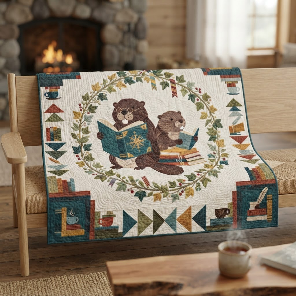 Reading Beavers Quilt, Cute Animal Book Blanket, Woodland Reader Bedspread, Cozy Library Throw Decor, Book Lover Gift