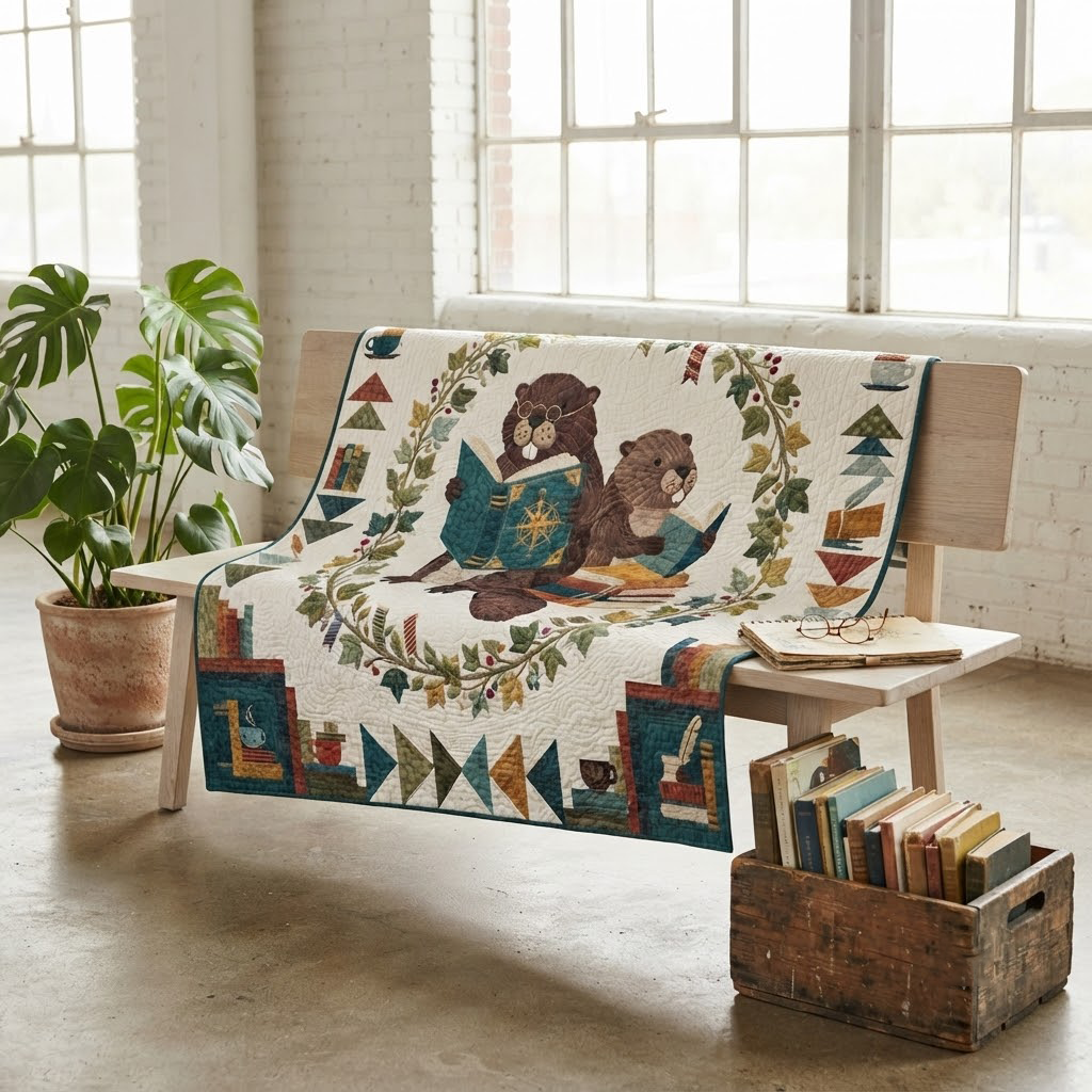 Reading Beavers Quilt, Cute Animal Book Blanket, Woodland Reader Bedspread, Cozy Library Throw Decor, Book Lover Gift